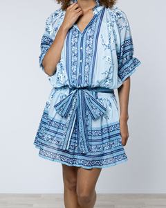Blue Floral Print Chiffon Shirt Dress with V-<b>Neck</b> <b>Tie</b> Waist Sheer Layer Summer Casual for Women - Product Image 2