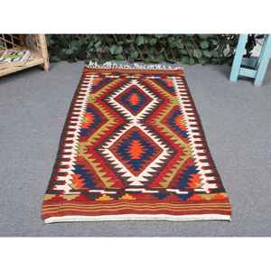 พรมคิลิมวินเทจ ขนาด 2.2x3.8 ฟุต (66x116 ซม.) ลายตารางสีแดง พรมตุรกี - Product Image 4