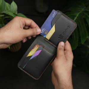 No.55 <b>Ladies</b> <b>Card</b> <b>Holder</b> Wallet Bifold Design Slim Vegetarian Tanned Grain Leather Black Color Fold Closure Type - Product Image 6