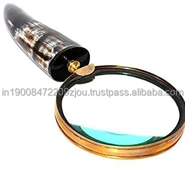 3" Magnifying Glass Brass Handcrafted Magnifier with Horn Handle Reading Magnifying Lens Class Room Office