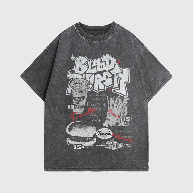 Wholesale Trendy Men's Casual 100% Cotton T-Shirt Solid Drop Shoulder Short Sleeve Burger French Fries Slogan Customized Color