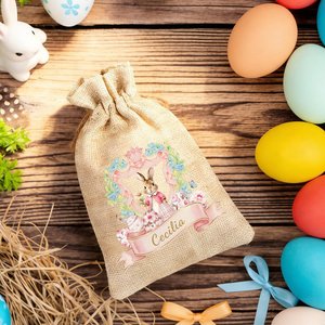 Personalized Cute Bunny Floral Wreath Ribbon Jute <b>Drawstring</b> Gift Bag Casual Name Custom Easter Hunting Party Bag for Boys Girls - Product Image 5