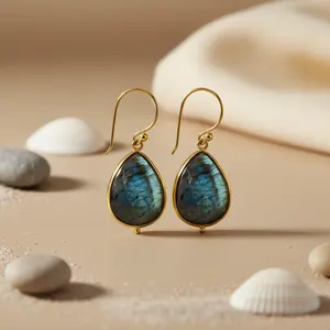 Boucles d'oreilles en forme de larme en labradorite plaquées or rose pour femmes, bijoux géométriques tendance en pierres précieuses et diamants pour mariage, fiançailles, cadeau - Product Image 2