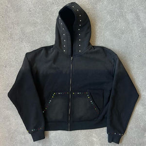 Sweat à capuche fonctionnel en molleton français délavé au soleil, personnalisé OEM, avec fermeture éclair, rivets, lourd, orné de strass - Product Image 5