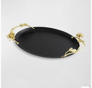 Trending 2025 Metal Serving <b>Tray</b> With Gold Leaf Handles Black Finished For Home & Wedding Tabletop <b>Dinner</b> Serving <b>Trays</b> - Product Image 1