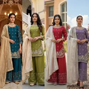 ชุดชาราราผ้าไหมเครปอินเดีย-ปากีสถาน สวยงาม บริสุทธิ์ หรูหรา ชุดชาราราแบบดั้งเดิมสำหรับงานปาร์ตี้และงานแต่งงานสำหรับผู้หญิง - Product Image 6