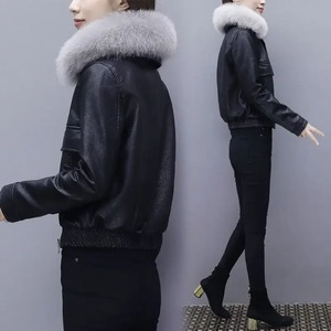 Jacket Women Autumn PU Leather Short Jacket Big Fur Collar Thick Black White Winter Coat Locomotive Clothing - Product Image 2
