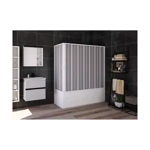 转角浴屏淋浴-PVC条纹面板和白色轮廓-Flex型号-170-140x70-50x150cm-中央折叠