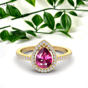 สินค้ายอดนิยมแหวนเพชรโกเมน Rhodolite ตัดลูกแพร์ขนาด8x6มม. พร้อมแหวนแต่งงานสีทอง14K ขายส่งจำนวนมาก - Product Image 1