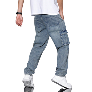 Mens <b>Light</b> Blue Denim Cargo Pants Loose Fit Straight Leg Multi Pocket Casual Washed Utility Jeans 100% Cotton Mid Everyday Wear - Product Image 2