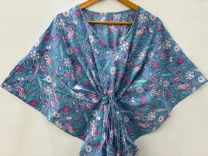 Bleu ciel Floral bloc imprimé Caftan longue courte coton robe de nuit Bikini couverture pour femmes parole longueur Maxi robe lavable décontracté - Product Image 2