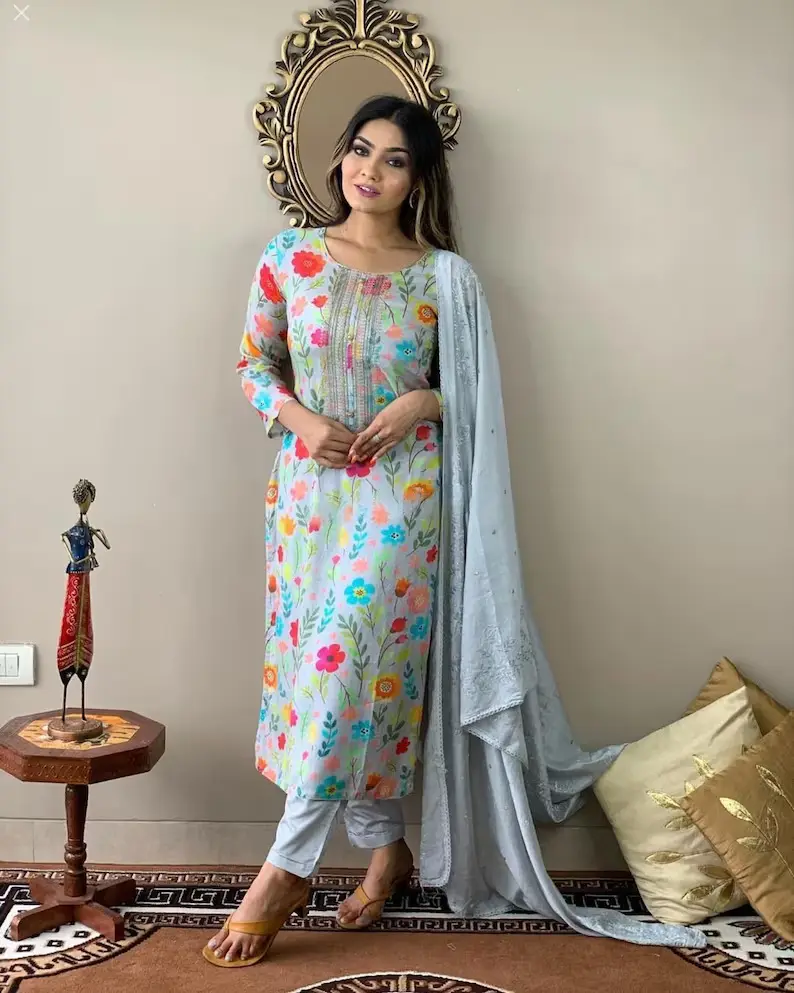 Keluaran baru Gaun India bordir 3 Set wanita celana Kurti leher V lengan panjang motif bunga Kurtis