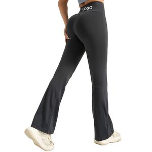 Pantalon de yoga de gymnastique à taille haute pour femmes pantalon évasé froissé bout à bout vente en gros Leggings avec logo personnalisé motif solide taille moyenne - Product Image 1