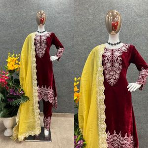 Tissu haut en velours de Viscose lourd avec broderie, travail manuel, manches longues, bas de robe dupata, costume de créateur prêt à l'emploi - Product Image 3