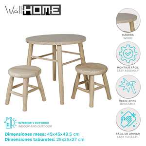 WELL HOME Ensemble de meubles pour enfants en bois de pin rond, table et 2 tabourets pour enfants - Product Image 2