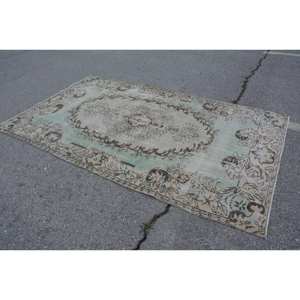 Tapis Vintage Turc 5.4 X 8.8ft Vert Beige Laine avec Motif Abstrait Style Tabriz pour Entrée ou Couloir 9x12 Rectangle - Product Image 4