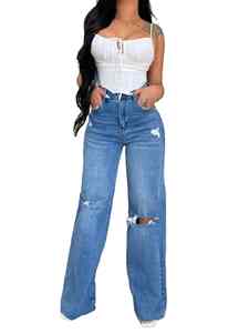 Pantalon en jean décontracté pour femme, taille haute, vintage, respirant, patchwork, uni - Product Image 6