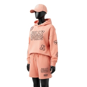 Women Hoodie Short Set Premium Cotton Polyester Fleece <b>Peach</b> Screen Print Custom Logo100% Cotton Hoodie and Shorts Set for Women - Product Image 4