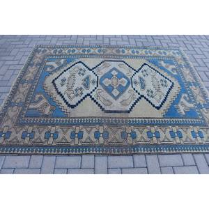 Tapis en laine turque Vintage bleu Beige classique 5.5x7.1 pieds Design Patchwork fait à la main pour salon Rectangle couloir abstrait Latex - Product Image 3