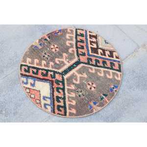 Rug, 1.7x1.7 ft Vintage Rug, <b>Brown</b> Floral Rug <b>Wool</b> - Product Image 3