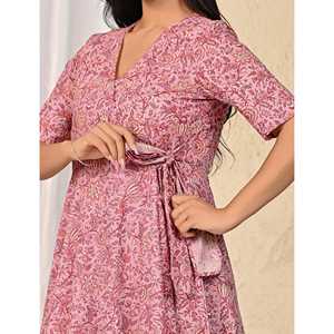 <b>Pink</b> Jaal Cotton Printed <b>Wrap</b> Dress Breathable Floral Design Casual-Formal Party Wear for Day Holidays Home XS Floor-Length <b>Wrap</b> - Product Image 2