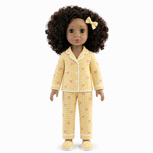 Set Pigiama per Bambole in Cotone Gingham a Maniche Lunghe con Bottoni Frontali, Pigiama con Bordo Bianco e Fiocco Rosa Stampato, Ciabatte per Bambole da 18 Pollici - Product Image 4