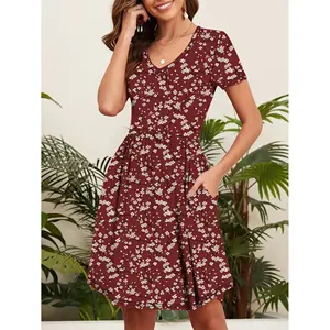 ชุดเดรสแขนสั้นสำหรับผู้หญิงเสื้อยืดทรงหลวมลำลองมีกระดุมติดกระเป๋าลายดอกไม้สีน้ำตาลเข้มชุดเดรสสีพื้น - Product Image 2