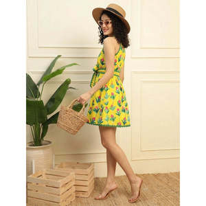 Deebaco Women's Yellow Floral Print Halter Sleeveless Mini Sundress Ruffle Hem A-Line Regular Fit Summer Casual Washable Cotton - Product Image 2