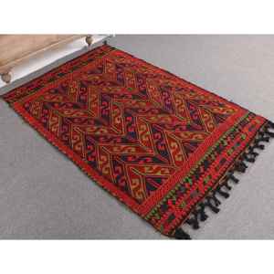 Alfombra Turca de 3.8x5.8 pies, Alfombra Decorativa Vintage, Alfombra Floral Roja y Azul - Product Image 1