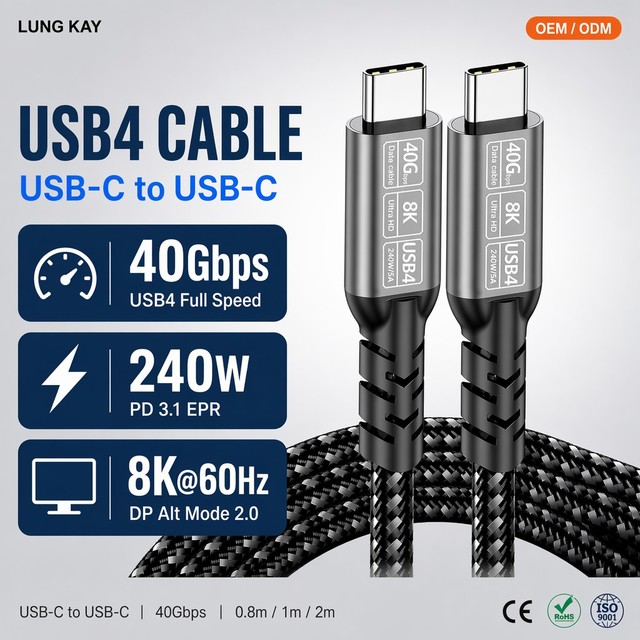 LUNG KAY USB4 Type-C Cable 40Gbps 240W PD Fast Charging 8K Video Output USB-C to USB-C Nylon Braided Data Cable OEM ODM Custom