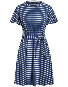 Vestido de Verano de Algodón Azul, Estilo Casual, con Rayas, Manga Corta, Largo a Media Pantorrilla, con Lazo Delantero, Talla Grande, Corte en A - Product Image 3