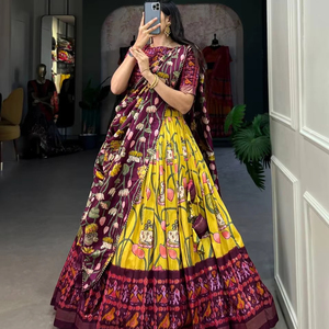 Women's Traditional Tussar Silk Lehenga Choli <b>Set</b> Elegant <b>Modest</b> Patola Print Zari Weaving Border for Parties Budget-Friendly - Product Image 1
