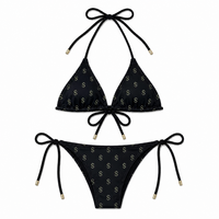Zwarte halterbikini met dollar-tekenprint voor dames, tweedelig zwempak met strik aan de zijkant