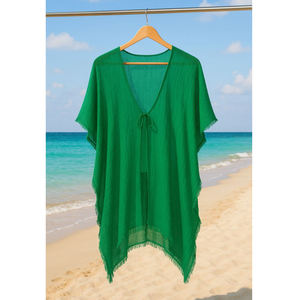 Pareo de Playa con Flecos Verde Esmeralda Transparente, Kaftán con Lazos Delanteros, Cubrebañador, Sarong de Verano, Duradero, con Sensación de Algodón y Bordes Enrollados a Mano - Product Image 2