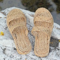 Nouvelles pantoufles marocaines pour femmes, sandales en paille pour la maison et l'hôtel, chaussures pour femmes et hommes, tongs en jacinthe d'eau