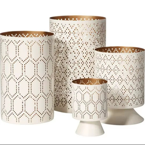 Set of 4 White Candle Holders with Geometric Cut-Out Design Gold Lining Modern Home Decor Accent Lighting - Product Image 1