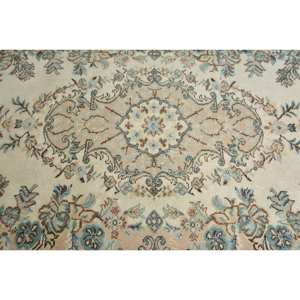 Alfombra de lana turca vintage de 3,8x8,5 pies, tejido plano de retazos beige y azul para decoraciones de sala de estar con respaldo de látex - Product Image 5