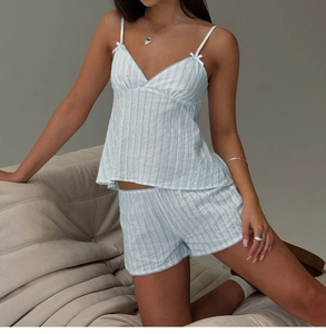 Conjunto de Pijama de Mujer, 100% Algodón, Elegante, Camiseta sin Mangas, Pantalones Cortos de Encaje, Cuello en V, Lazo, Cintura Elástica, Transpirable, Romántico, Ropa de Dormir para Primavera - Product Image 6