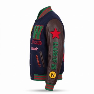 Chaqueta Varsity con Parches de Chenille, Color Azul Marino, Mangas de Cuero Marrón, Chaqueta Letterman con la Inscripción Born To Win, OEM - Product Image 3