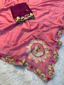 Sari en soie lourde, douce et crépue, de créateur, avec broderie complète, en stock en Inde, pour les mariages, les fêtes et les festivals féminins - Product Image 2