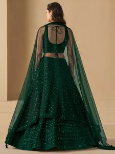 Lehenga Choli élégant vert bouteille en polyester Georgette, longueur ras du sol, séchage rapide, broderie de sequins Resham, style Bollywood pour les fêtes - Product Image 4