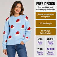 Pull de Noël pour femme, motif jacquard chapeau de Père Noël, tricot festif bleu clair, conception personnalisée OEM