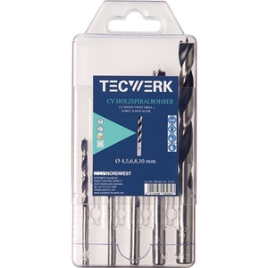 <b>Wood</b> Spiral <b>Drill</b> <b>Bit</b> Set 4 5 6 8 10mm-Steel TECWERK - Product Image 1