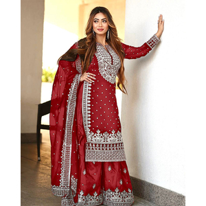 Conjunto de Kurti, Gharara, Sharara y Dupatta para Mujer, en Georgette Sintética Pesada, Listo para Usar, Completamente Cosido, con Bordado Pesado y Trabajo de Lentejuelas - Product Image 1