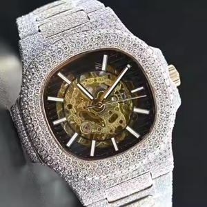 Reloj Mecánico de Lujo de Acero Inoxidable de Alta Calidad, Estilo Hip Hop, Completamente Cubierto de Diamantes, Correa de Cuero Unisex, Movimiento ETA, Resistente al Agua 3BAR - Product Image 1