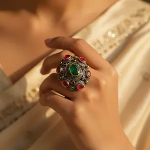 Bague statement pour femme avec rubis émeraude diamant plaqué or pur, coupe marquise, matériau platine, pierre précieuse certifiée IGI, bijoux - Product Image 3