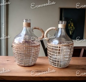 Mejor venta al por mayor estilo rural decoración del hogar soporte de ratán de mimbre y jarrón de cristal de botella grande con tejido de paja - Product Image 2