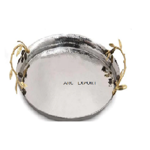 Miroir martelé poli forme Rectangle avec feuille de fleur deux poignées de couleur noire décoration de dessus de table plateau de service alimentaire à vendre - Product Image 2