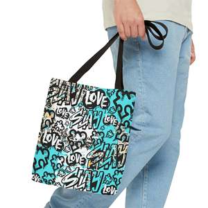 Borsa Tote Urban 'Slay' Blu Chic, Leggera in PU, Design Vibrante con Graffiti, Motivo a Pezzi di Puzzle, Fodera in Poliestere, Catena - Product Image 3