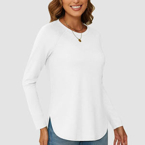 Casual transpirable moda deportes manga larga mujeres camisetas invierno otoño algodón liso manga larga cuello redondo mujeres camisas - Product Image 4